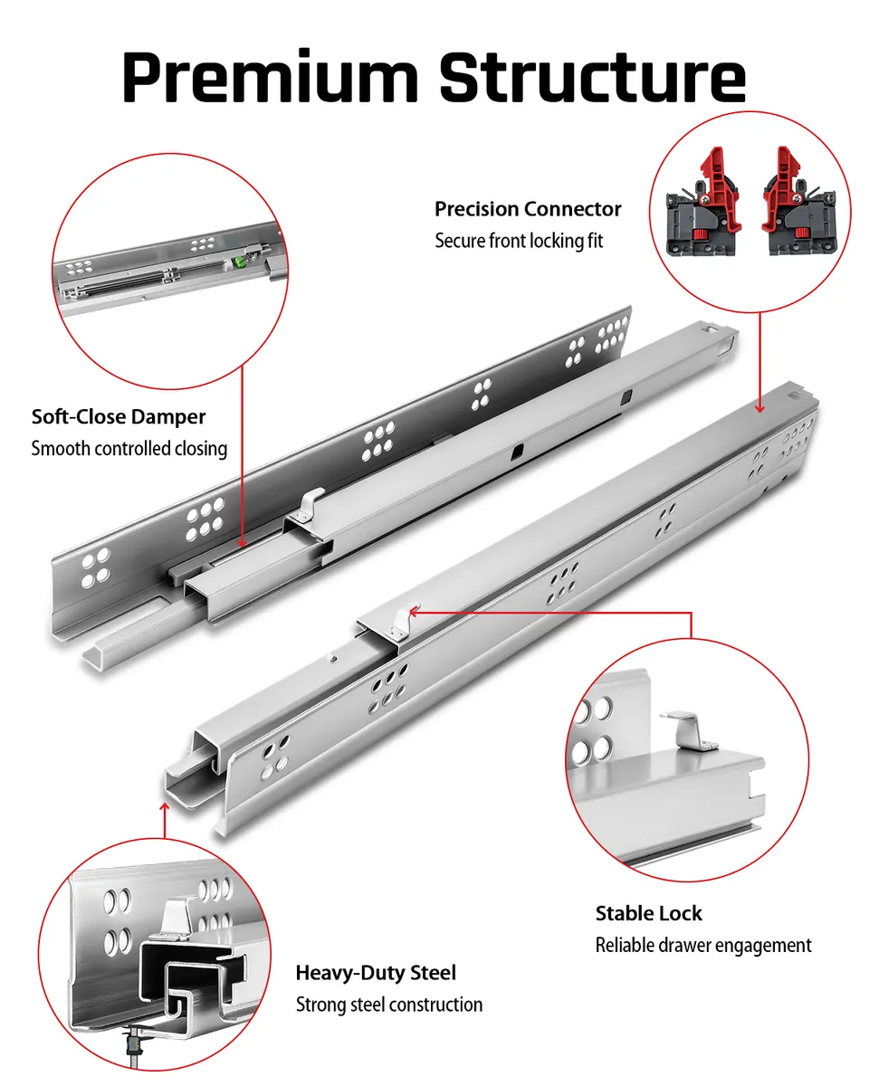 Close view of OXRAIL undermount drawer slide hardware