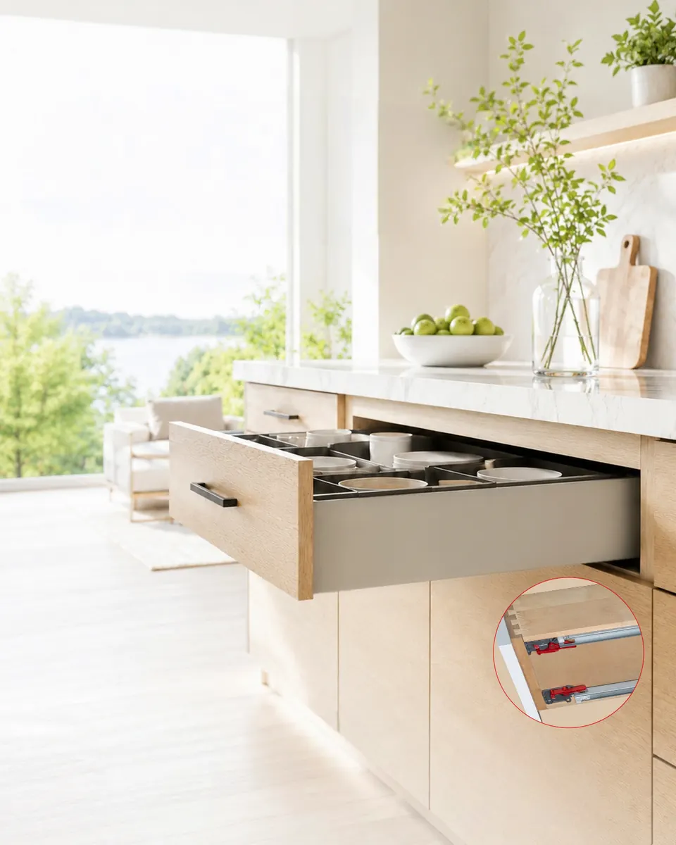Drawer slide product installed in a kitchen drawer